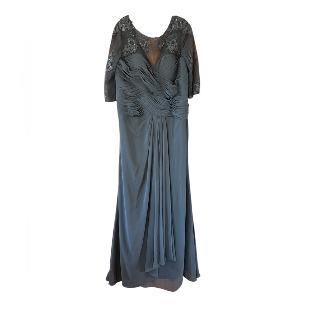 JJs House Gray Ruched Tiered V Neck Gown
